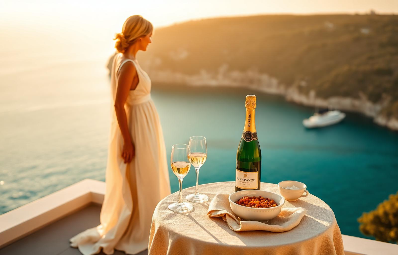 Luxury coastal travel scene with champagne and caviar at golden hour
